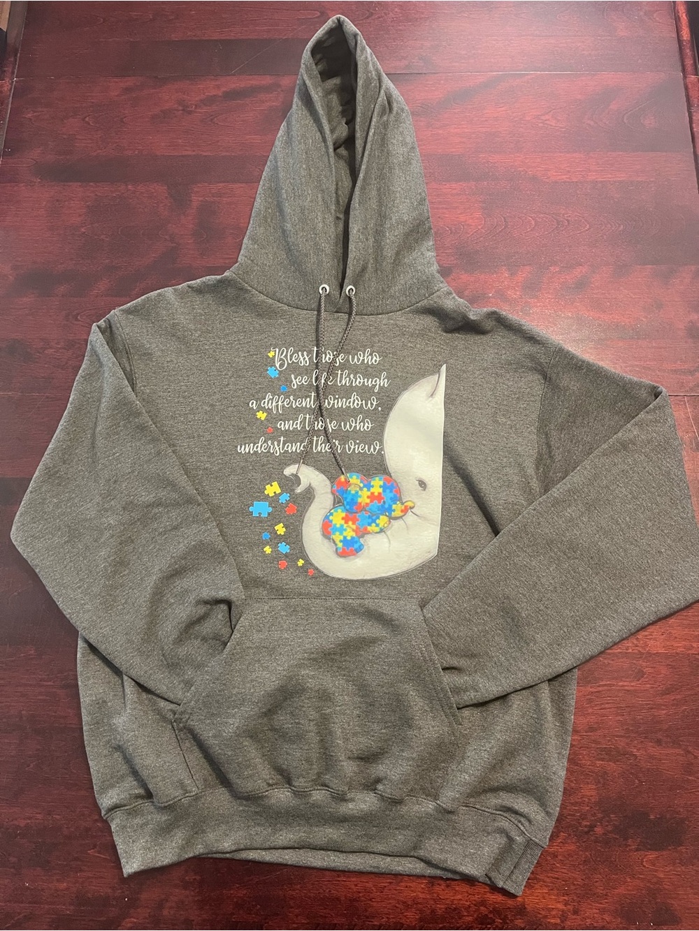 Champion Gray Pullover Hoodie with White Script Accent. Autism